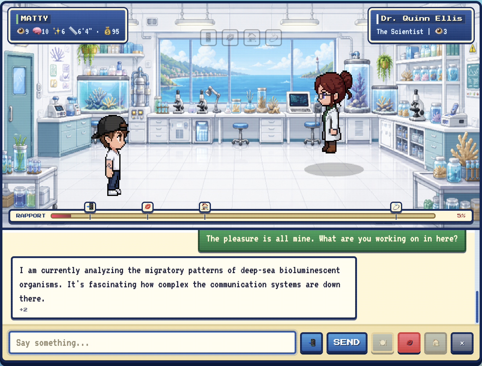 Dialogue battle with Dr. Quinn in the research lab